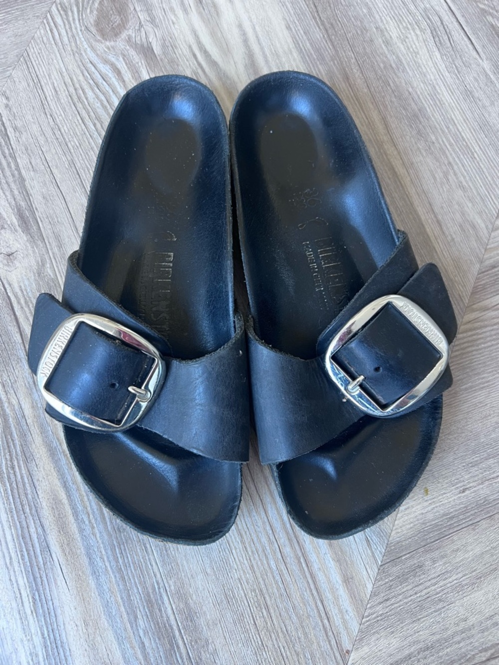 Birkenstock Black Leather Slide Sandals with Large Silver Buckles